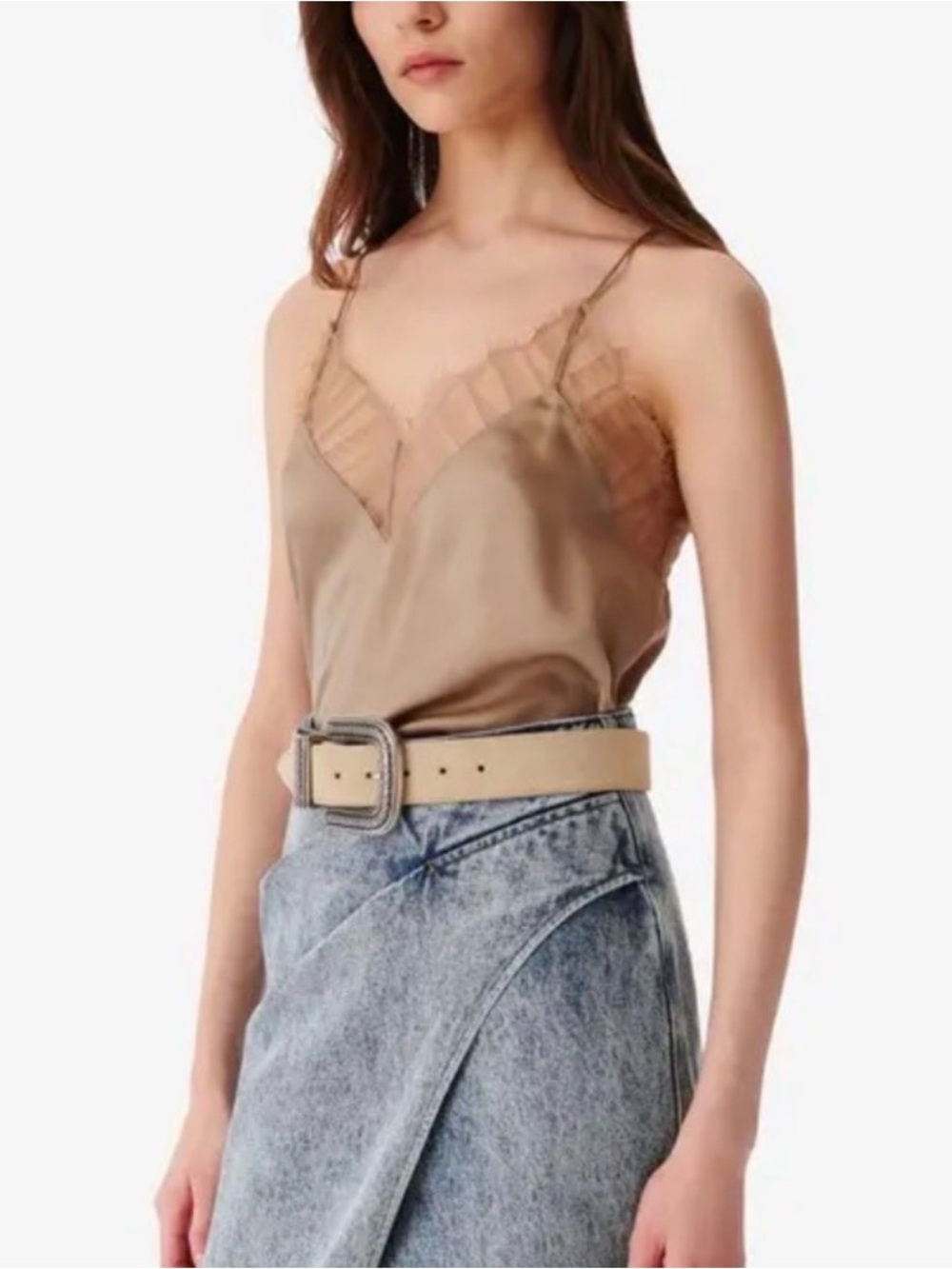 IRO Satin V-Neck Lace Trim Cami Top in Taupe